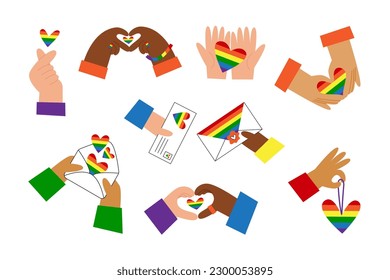 Happy pride set with hands holding LGBT valentines rainbow symbols, hearts and letters. Gay love of diverse bipoc people. Queer romantic elements for decoration. Flat vector.