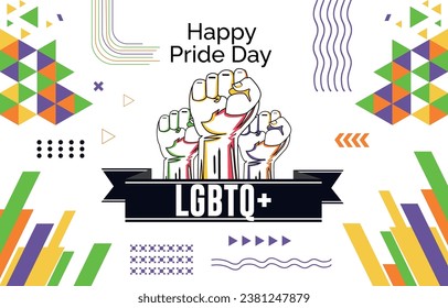 Texto del Orgullo Feliz y diseño de fondo abstracto de la cinta del orgullo arcoiris. ilustración de vector de la comunidad LGBTQ