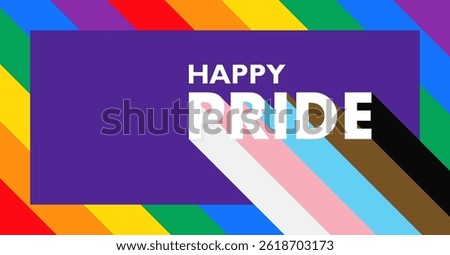 Happy Pride Typography Banner with Progress Pride Flag Color Shadow on Purple Frame and Rainbow Border. Vector Illustration