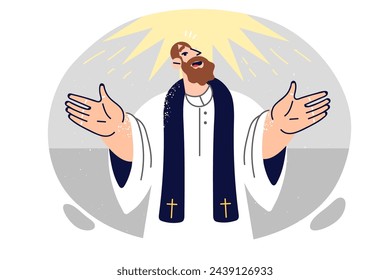 Happy priest enthusiastically delivers religious sermon to attract new followers to christian religion. Catholic priest communicates with parishioners of church with smile and blesses people