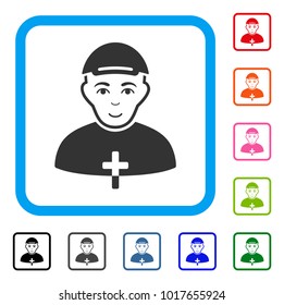 Happy Priest vector icon. Human face has joy feeling. Black, gray, green, blue, red, pink color variants of priest symbol in a rounded square. A dude with a cap.