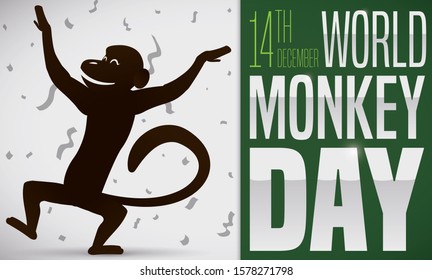 Happy primate celebrating its day in a cheerful party with confetti and streamers: World Monkey Day this 14th December.