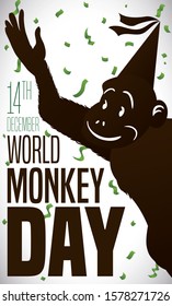Happy primate silhouette celebrating World Monkey Day this 14th December, wearing a party hat and under a confetti shower.