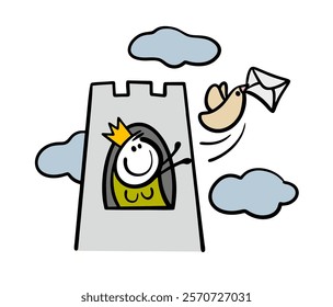 Happy princess in a high tower among the clouds releases a carrier pigeon. Vector illustration of a bird flying, carrying an envelope with  letter. Funny character on white background.