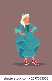 
Happy Princess Wearing Sports Shoes Vector Cartoon Illustration. Cute girl wearing a ball gown with sneakers ready to run from the party
