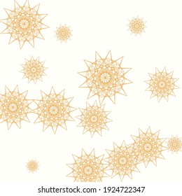 Happy Print Golden Christmas Mystery Ornament. Gold Stars Sharp Folk New Year Mandala Background. Autumn Rich Colorful Luxury Yellow Sky Background. White Snowflakes Summer Chaotic Sun Wallpaper.