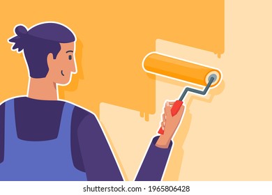 Happy Pro Painter With Man Bun Hairstyle Painting Orange Colored Paint In Home Wall Flat Vector Illustration.