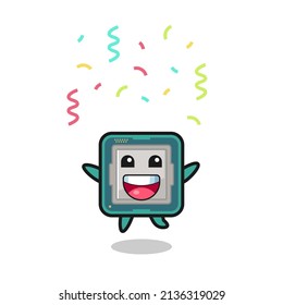 happy processor mascot jumping for congratulation with colour confetti , cute style design for t shirt, sticker, logo element
