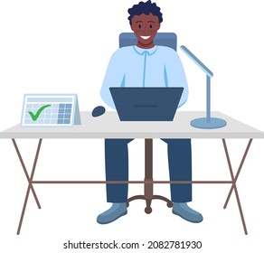 Happy productive employee semi flat color vector character. Posing figure. Full body person on white. Corporate work isolated modern cartoon style illustration for graphic design and animation