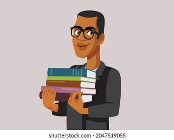 Happy Professor Holding Textbooks Vector Illustration. Smart young man studying hard for difficult exam
