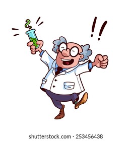 Happy professor in a white robe with a chemical flask in his hand. Vector illustration on a white background.