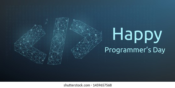Happy programmer day banner or greeting card with code symbol in polygonal wireframe style. Vector illustration.