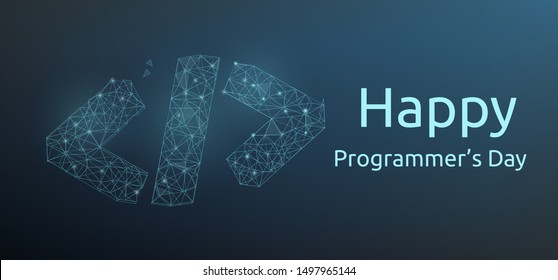 Feliz día del programador banner o tarjeta de saludo con símbolo de código en estilo wireframe poligonal. Ilustración vectorial.