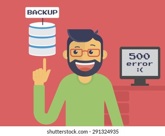 Happy Programmer Has Got Server Backup After System Crash. Text Outlined