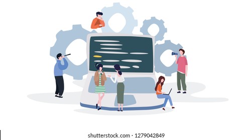 Happy Programmer's Day Concept for web page, banner, social media. Vector illustration, programmer coding a new project using computer, Web Development, website screens, program code, engineering.