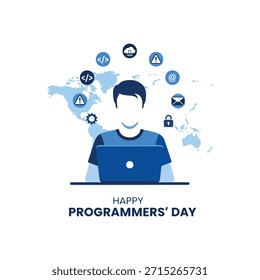 Ilustración del Día de los Programadores con los desarrolladores y los iconos globales de la tecnología