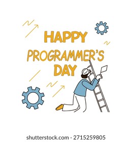 Ilustración feliz del día del programador con la escalera y los engranajes