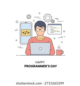Happy Programmer's Day Line Art Illustration with Workspace Elements