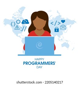 Happy Programmers' Day vector. Female programmer using laptop icon vector. Programming symbols blue silhouette icon isolated on a white background. Software design element. Important day