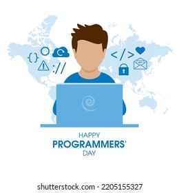 Happy Programmers' Day vector. Male programmer using laptop icon vector. Programming symbols blue silhouette icon isolated on a white background. Software design element. Important day