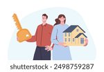 Happy property buyers. Couple buy house for family life. Young man hold giant key, smiling woman hold home model. Builders, real estate managers, vector characters