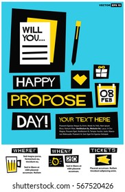Happy Propose Day 8 February (Flat Style Vector Illustration Love Valentine Week Poster Design) Event Invitation with Venue and Time Details