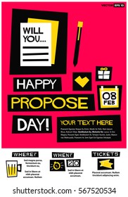 Happy Propose Day 8 February (Flat Style Vector Illustration Love Valentine Week Poster Design) Event Invitation with Venue and Time Details