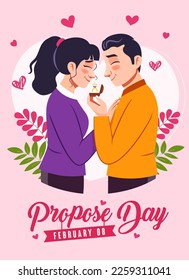 Happy propose day February vector illustration flat post design. Young man with ring proposing to his beloved, Romantic date, Wedding and Valentines day concept. Used in blogging, promotional material