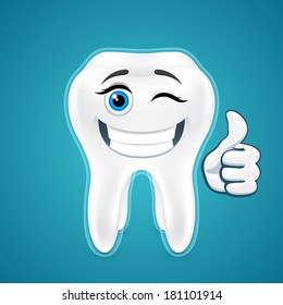 Happy protected human teeth, smile, wink, on blue background