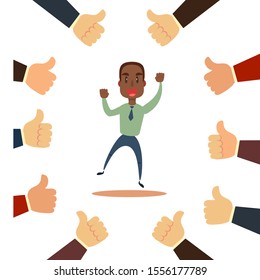 Happy and proud african, businessman with many thumbs up hands around him. Business compliment concept. Vector illustration