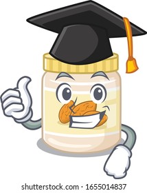 happy and proud of almond butter wearing a black Graduation hat
