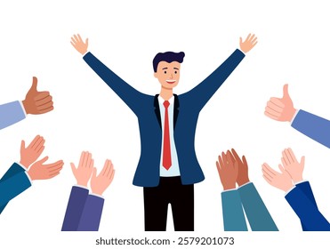 Happy and proud businessman with many hands clapping and thumbs up hands around him. Business compliment concept.