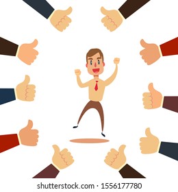 Happy and proud businessman with many thumbs up hands around him. Business compliment concept. Vector illustration
