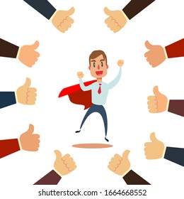 Happy and proud businessman with many thumbs up hands around him. Business compliment concept. Vector illustration