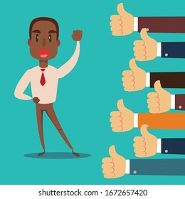 Happy and proud businessman with many thumbs up hands around him. Business compliment concept. Vector illustration