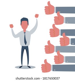 Happy and proud businessman with many thumbs up hands. Vector illustration of a flat design.