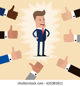 Happy and proud businessman with many thumbs up hands around him. Business compliment concept. Vector illustration