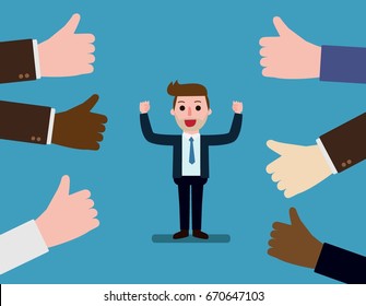 Happy and proud businessman with many thumbs up hands around him.
Concept Business compliment.
Vector flat cartoon character icon design.
illustration isolated on backgroud