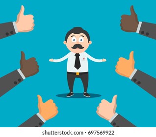 Happy and proud businessman with many thumbs up hands around him. Business compliment concept. vector illustration