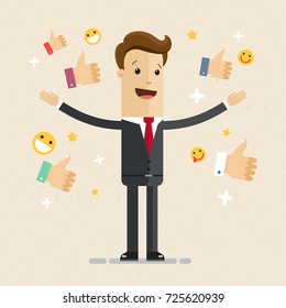 Happy and proud businessman with many thumbs up hands around him. Business compliment concept. Vector, illustration, flat