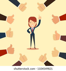 Happy and proud businesswoman with many thumbs up hands around him. Business compliment concept. Vector illustration