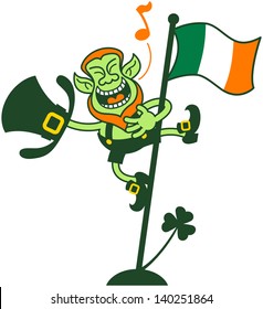 Happy and proud Leprechaun singing after having climbed an Irish flag pole to celebrate St Patrick's Day