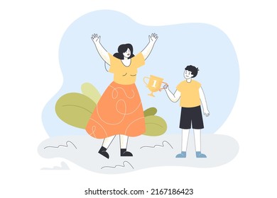 Happy proud mother celebrating sons victory. Boy holding golden cup for first place in competition flat vector illustration. Trophy, contest concept for banner, website design or landing web page