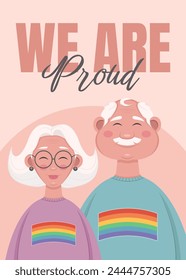 Happy and proud parents of LGBT children. Flat style vector illustration of people wearing sweater with rainbow flag. Pride month celebration.