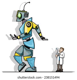 Happy and proud scientist, with his working robot, vector illustration 