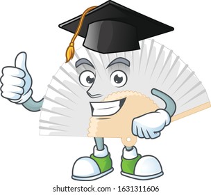happy and proud of white chinese folding fan wearing a black Graduation hat
