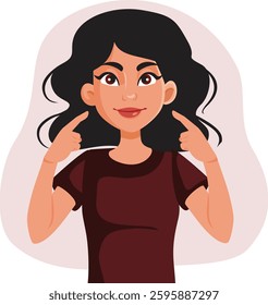 
Happy Proud Woman Pointing to her Smile Vector Cartoon. Self confident lady being motivated and positive 

