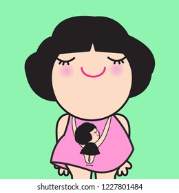 Happy Proudly Girl Was Hugging By Miniature Herself Necklace Accessory. Concept Of Self Believing And Loving. You Are Your Own Best Friend Card Character illustration