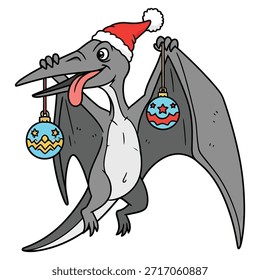 Feliz Vector de dibujos animados de pterosaurio. Criatura prehistórica tiene adornos. Reptil volador saludando las vacaciones de invierno.