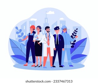 Happy public service workers vector illustration. Doctor, teacher, police officer, firefighter and builder or engineer ready to help people. Public sector work, occupation, community concept